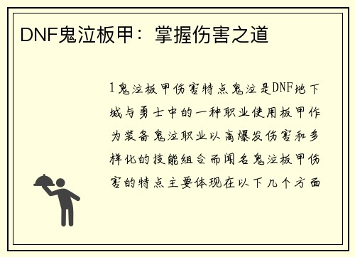 DNF鬼泣板甲：掌握伤害之道