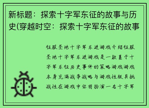 新标题：探索十字军东征的故事与历史(穿越时空：探索十字军东征的故事与历史续篇)